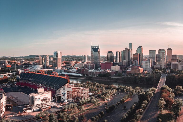 Aerial view of downtown Nashville Tennessee, sun is beginning to set