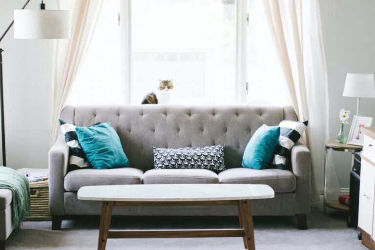 Grey upholstered couch in front of the living room window with a white and brown cat sitting on it