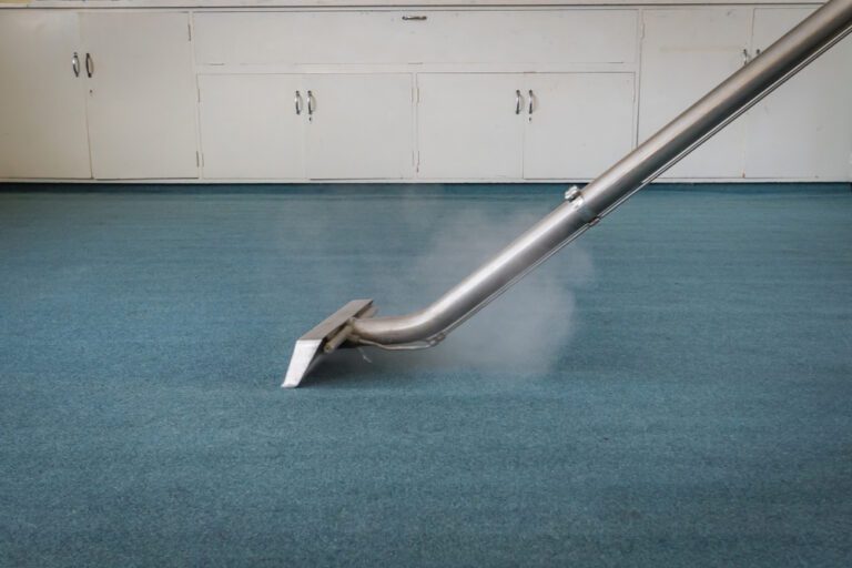 Steam Carpet Cleaner running across greenish-blue carpet, steam rising from fibers