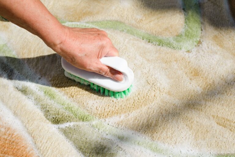 Closeup of a hand holding a brush, scrubbing a light colored rug, suds in rug fibers